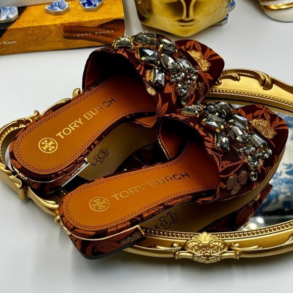 🆕 TORY BURCH 🧿 NWOT Martine 25mm Slide, Burgundy & Gold Jacquard, Sz 7 - Picture 7 of 16
